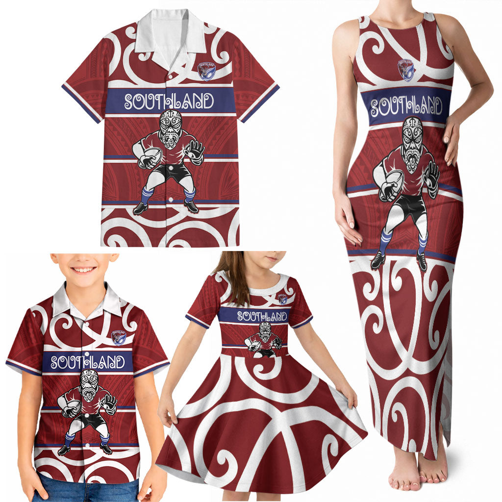 Southland Custom Rugby New Zealand Family Matching Tank Maxi Dress and Hawaiian Shirt Aotearoa Maori Pukana Tiki Mascot