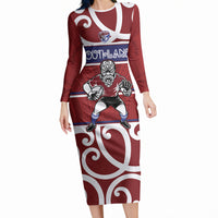 Southland Custom Rugby New Zealand Long Sleeve Bodycon Dress Aotearoa Maori Pukana Tiki Mascot