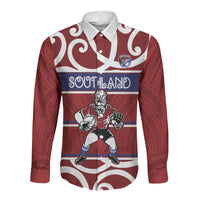 Southland Custom Rugby New Zealand Long Sleeve Button Shirt Aotearoa Maori Pukana Tiki Mascot