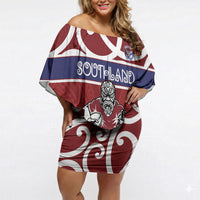 Southland Custom Rugby New Zealand Off Shoulder Short Dress Aotearoa Maori Pukana Tiki Mascot