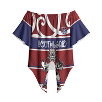 Southland Custom Rugby New Zealand Off Shoulder Wrap Waist Top Aotearoa Maori Pukana Tiki Mascot