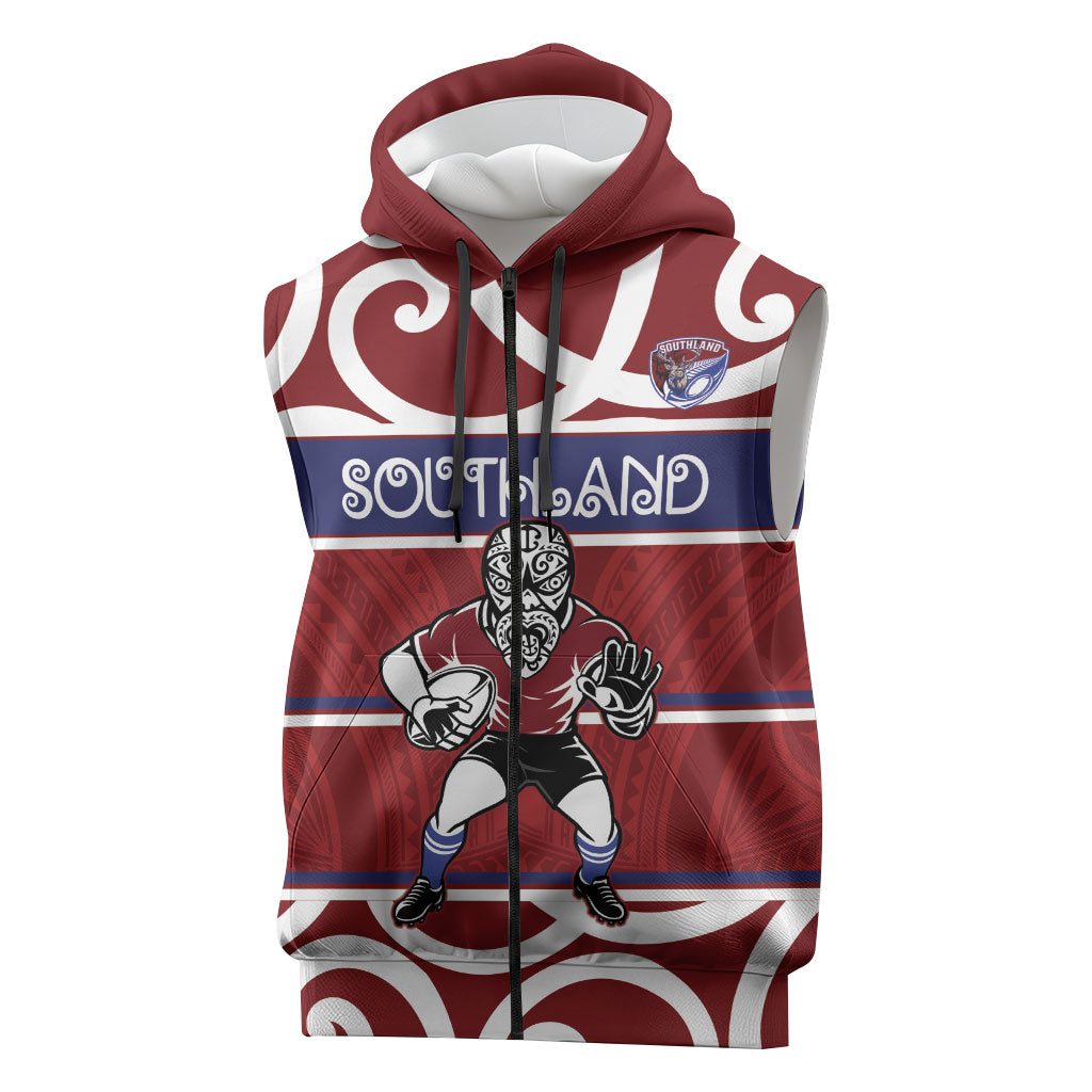 Southland Custom Rugby New Zealand Sleeveless Zip Hoodie Aotearoa Maori Pukana Tiki Mascot