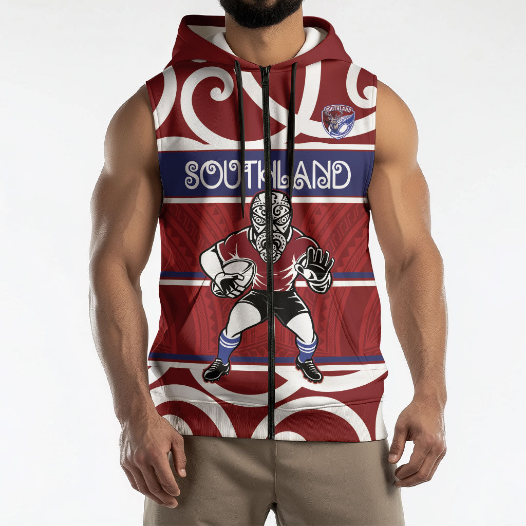 Southland Custom Rugby New Zealand Sleeveless Zip Hoodie Aotearoa Maori Pukana Tiki Mascot