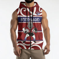 Southland Custom Rugby New Zealand Sleeveless Zip Hoodie Aotearoa Maori Pukana Tiki Mascot