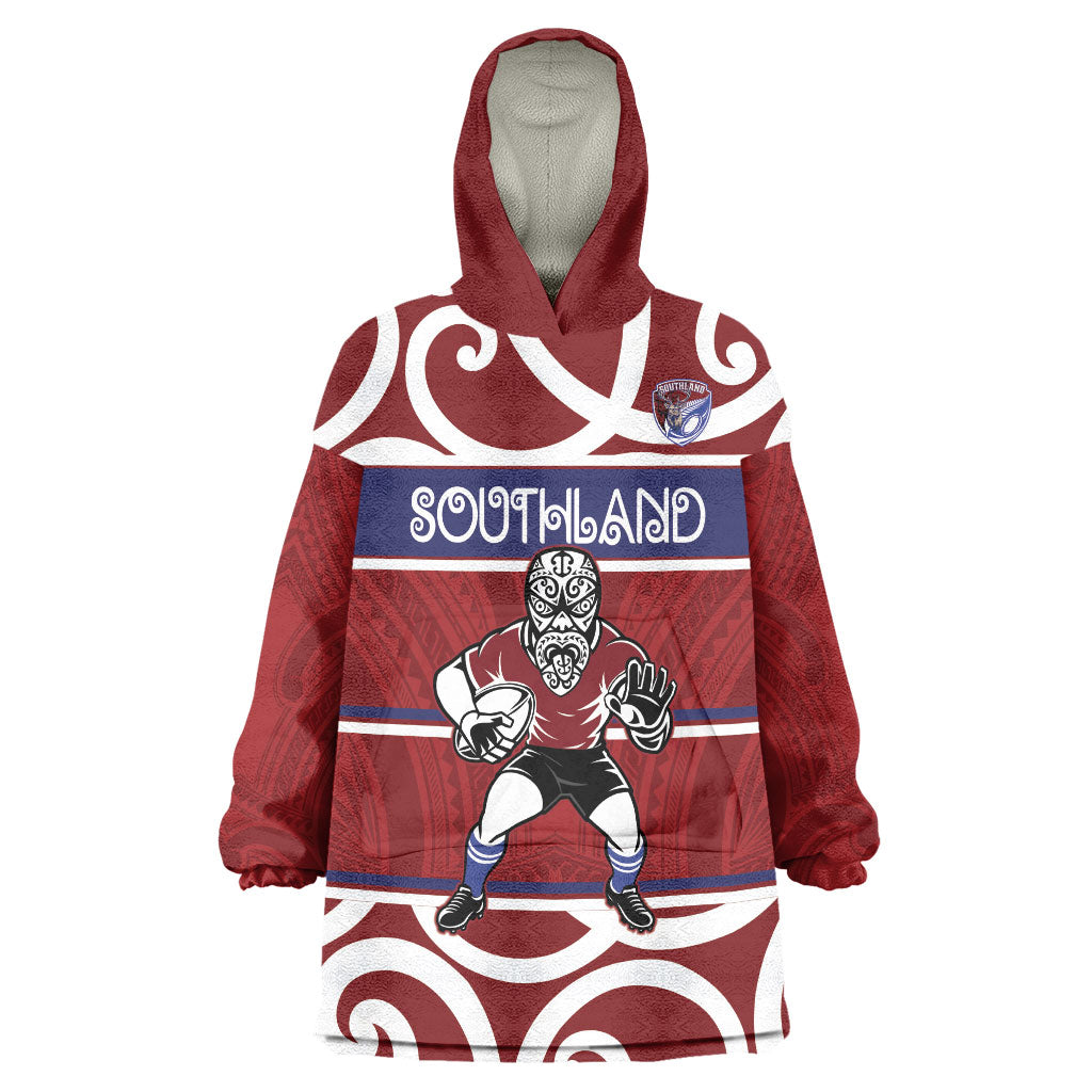 Southland Custom Rugby New Zealand Wearable Blanket Hoodie Aotearoa Maori Pukana Tiki Mascot