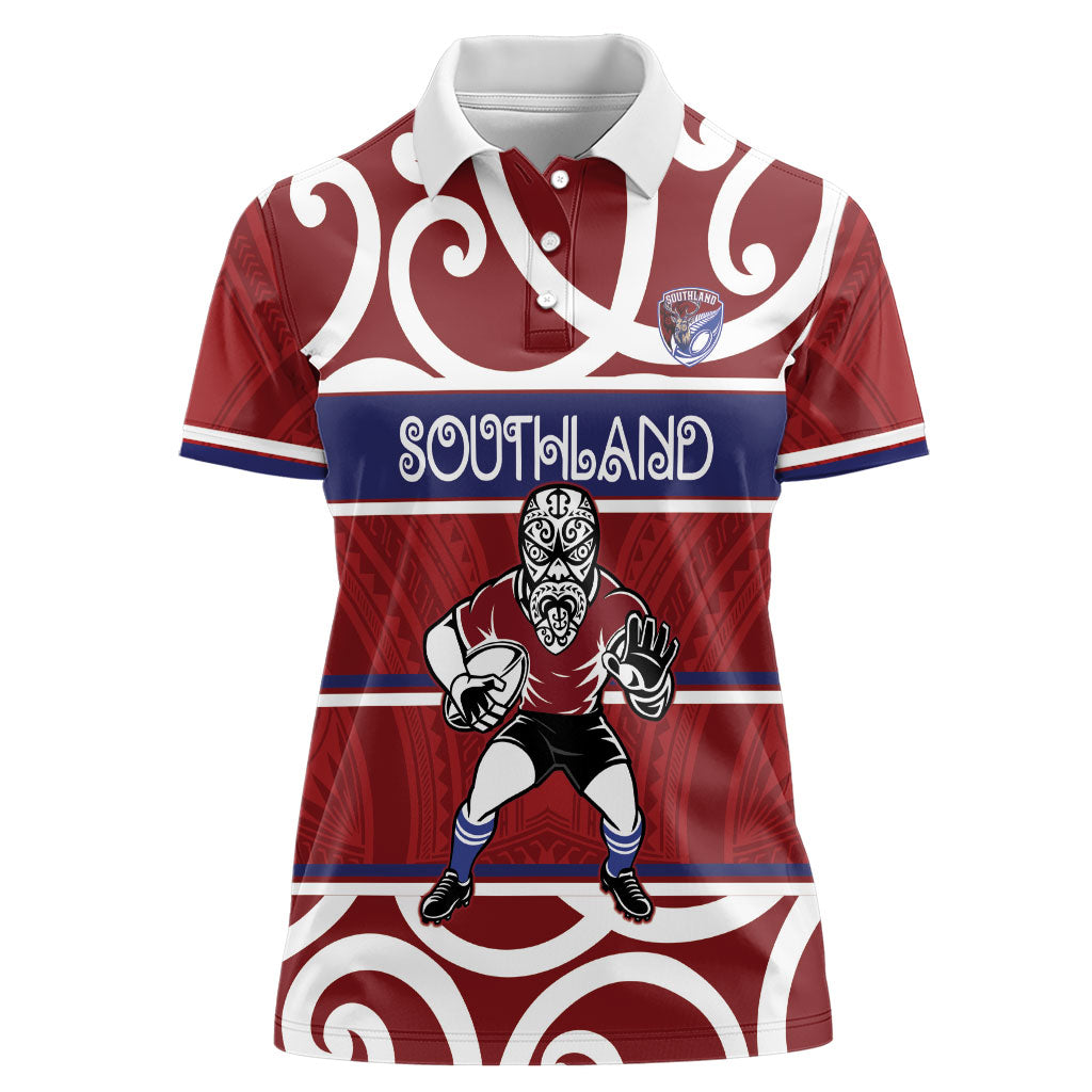 Southland Custom Rugby New Zealand Women Polo Shirt Aotearoa Maori Pukana Tiki Mascot
