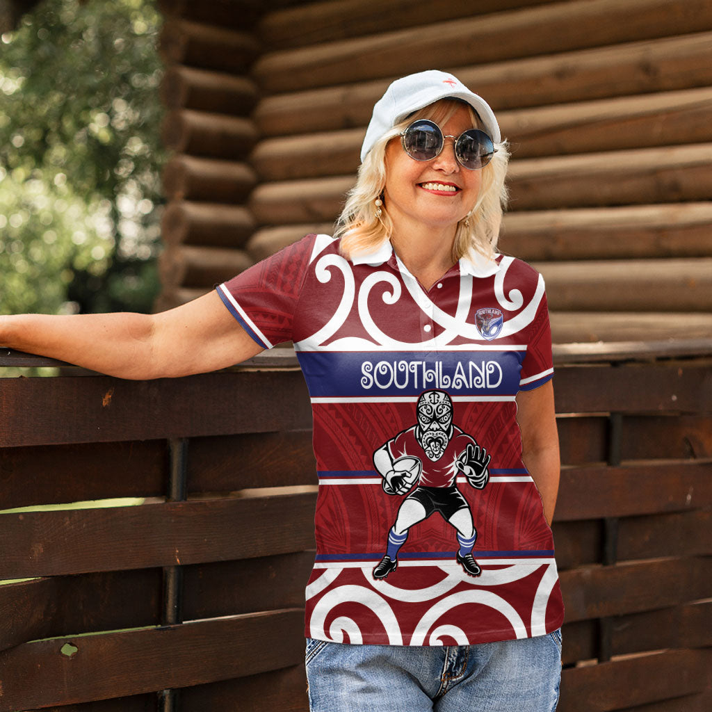 Southland Custom Rugby New Zealand Women Polo Shirt Aotearoa Maori Pukana Tiki Mascot