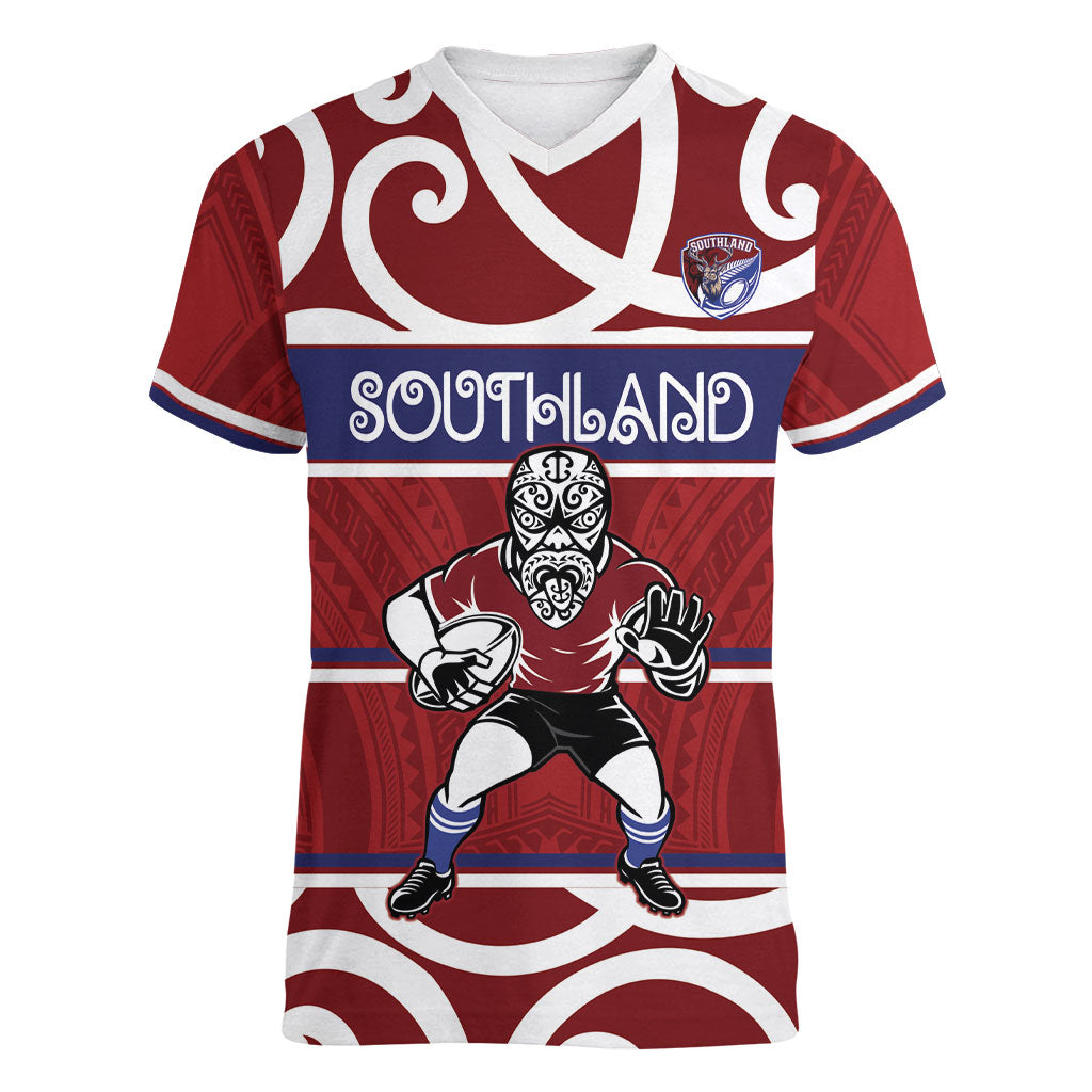 Southland Custom Rugby New Zealand Women V-Neck T-Shirt Aotearoa Maori Pukana Tiki Mascot