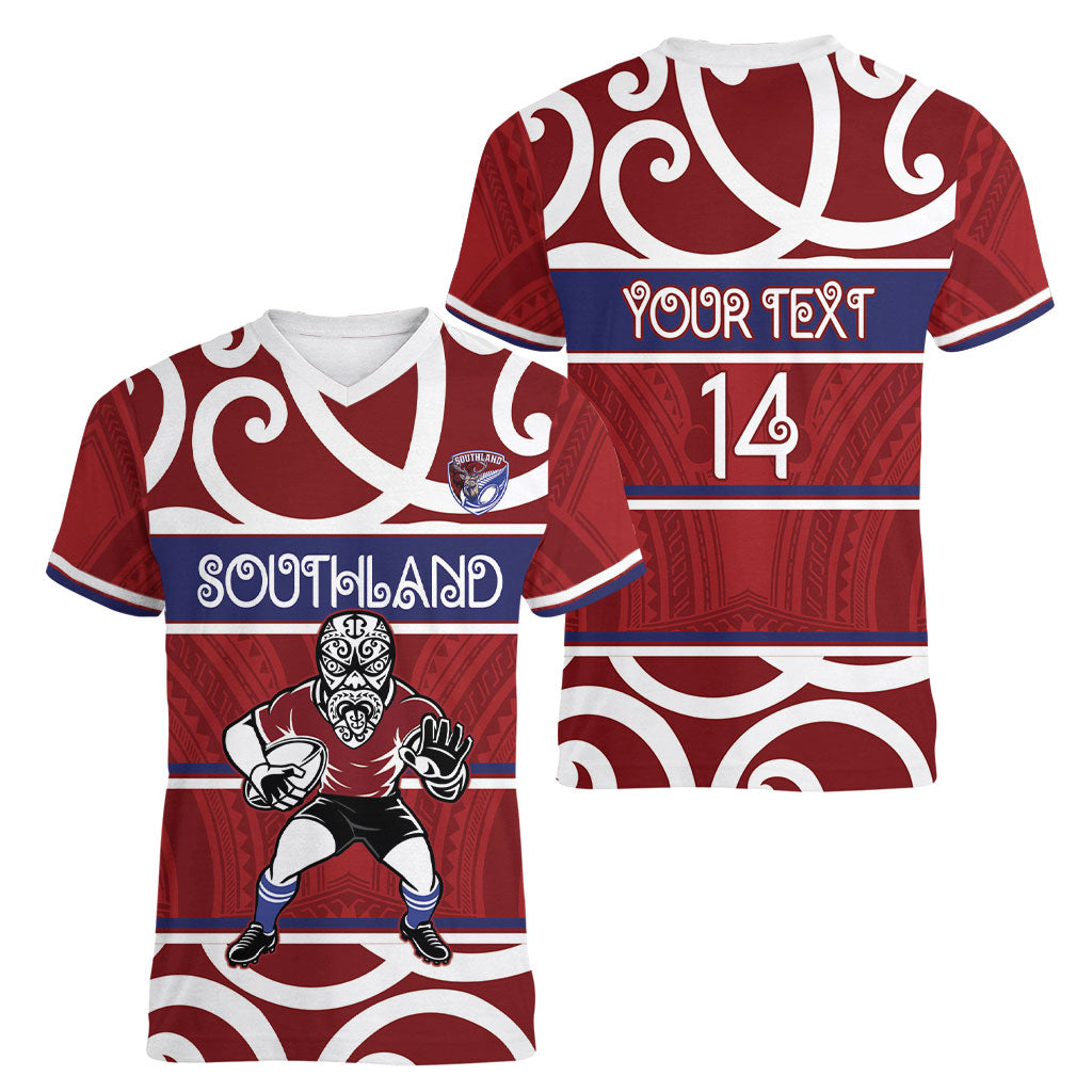 Southland Custom Rugby New Zealand Women V-Neck T-Shirt Aotearoa Maori Pukana Tiki Mascot