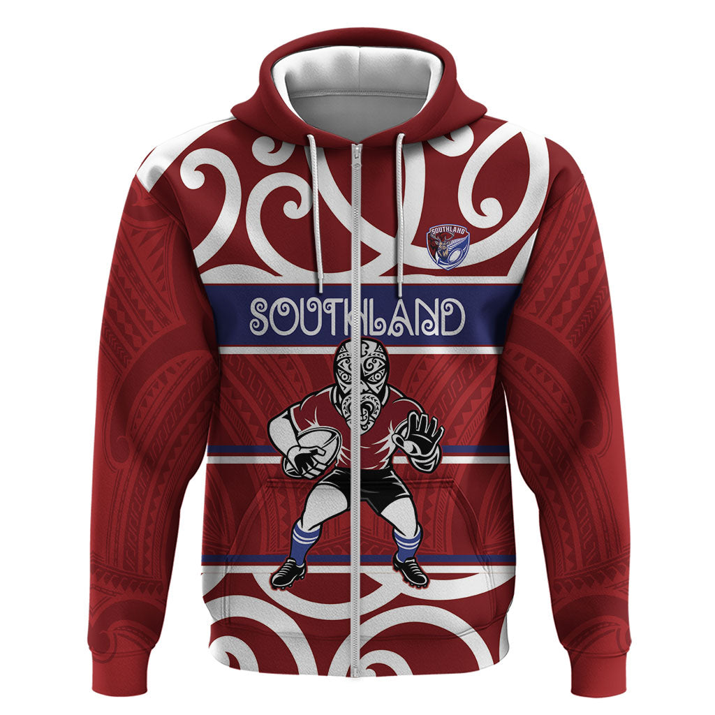 Southland Custom Rugby New Zealand Zip Hoodie Aotearoa Maori Pukana Tiki Mascot