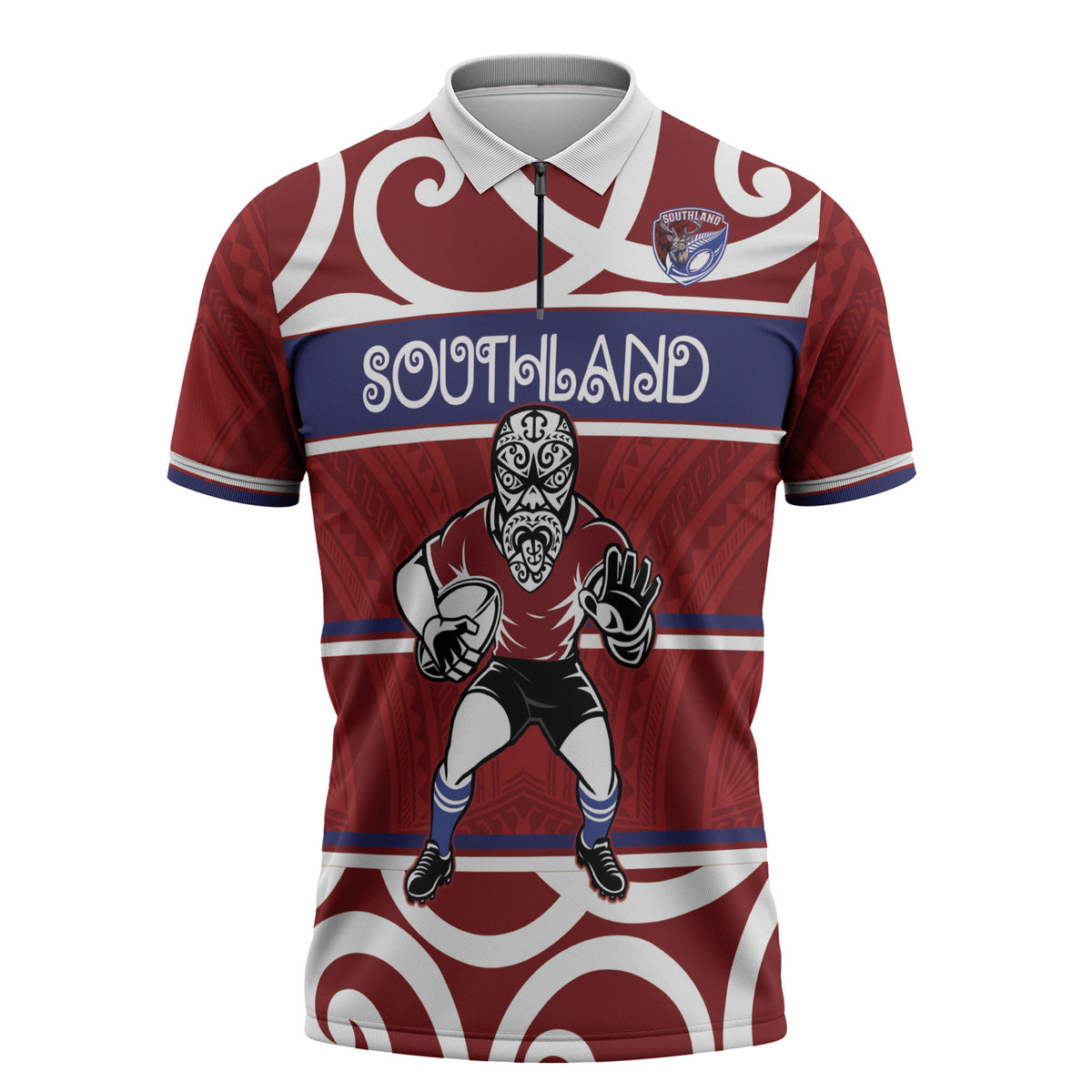 Southland Custom Rugby New Zealand Zipper Polo Shirt Aotearoa Maori Pukana Tiki Mascot