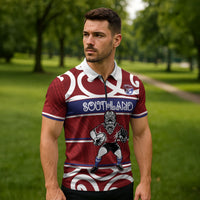Southland Custom Rugby New Zealand Zipper Polo Shirt Aotearoa Maori Pukana Tiki Mascot