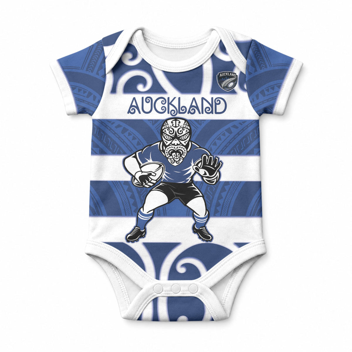 Auckland Custom Rugby New Zealand Baby Onesie Aotearoa Maori Pukana Tiki Mascot