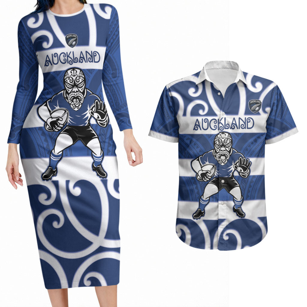 Auckland Custom Rugby New Zealand Couples Matching Long Sleeve Bodycon Dress and Hawaiian Shirt Aotearoa Maori Pukana Tiki Mascot