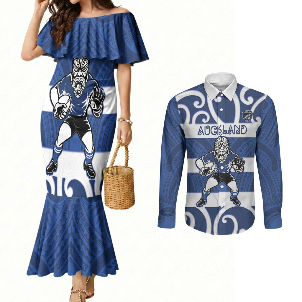 Auckland Custom Rugby New Zealand Couples Matching Mermaid Dress and Long Sleeve Button Shirt Aotearoa Maori Pukana Tiki Mascot
