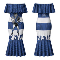Auckland Custom Rugby New Zealand Couples Matching Mermaid Dress and Long Sleeve Button Shirt Aotearoa Maori Pukana Tiki Mascot