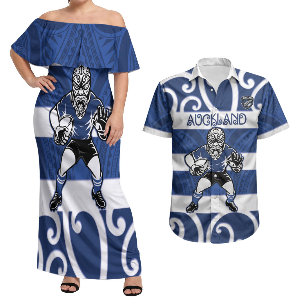 Auckland Custom Rugby New Zealand Couples Matching Off Shoulder Maxi Dress and Hawaiian Shirt Aotearoa Maori Pukana Tiki Mascot