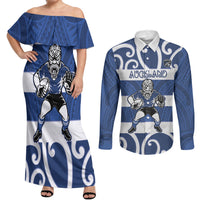Auckland Custom Rugby New Zealand Couples Matching Off Shoulder Maxi Dress and Long Sleeve Button Shirt Aotearoa Maori Pukana Tiki Mascot