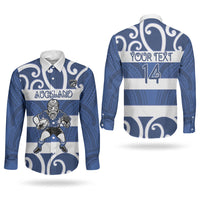 Auckland Custom Rugby New Zealand Couples Matching Off Shoulder Maxi Dress and Long Sleeve Button Shirt Aotearoa Maori Pukana Tiki Mascot
