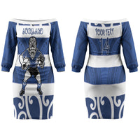 Auckland Custom Rugby New Zealand Couples Matching Off The Shoulder Long Sleeve Dress and Hawaiian Shirt Aotearoa Maori Pukana Tiki Mascot