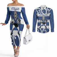 Auckland Custom Rugby New Zealand Couples Matching Off The Shoulder Long Sleeve Dress and Long Sleeve Button Shirt Aotearoa Maori Pukana Tiki Mascot