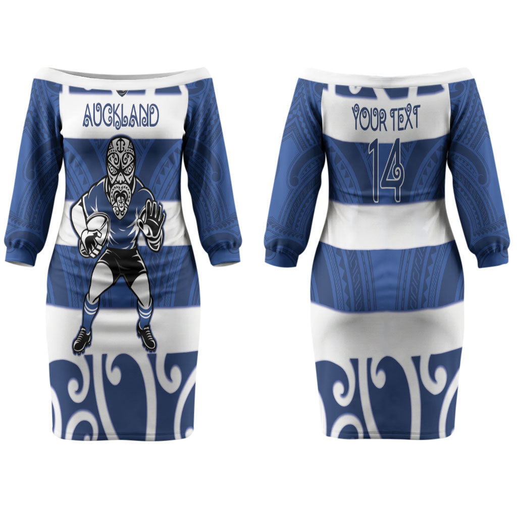 Auckland Custom Rugby New Zealand Couples Matching Off The Shoulder Long Sleeve Dress and Long Sleeve Button Shirt Aotearoa Maori Pukana Tiki Mascot