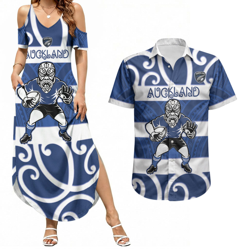 Auckland Custom Rugby New Zealand Couples Matching Summer Maxi Dress and Hawaiian Shirt Aotearoa Maori Pukana Tiki Mascot