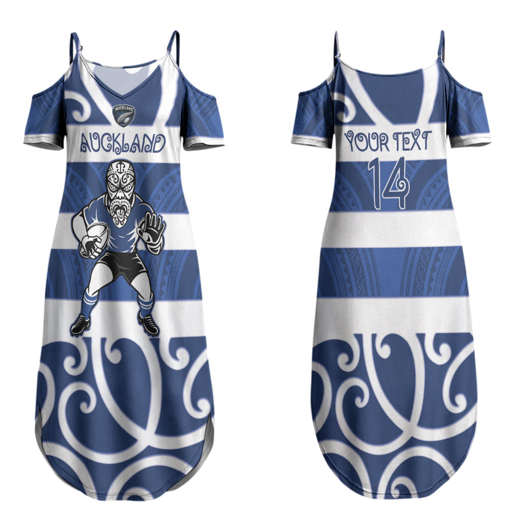 Auckland Custom Rugby New Zealand Couples Matching Summer Maxi Dress and Long Sleeve Button Shirt Aotearoa Maori Pukana Tiki Mascot