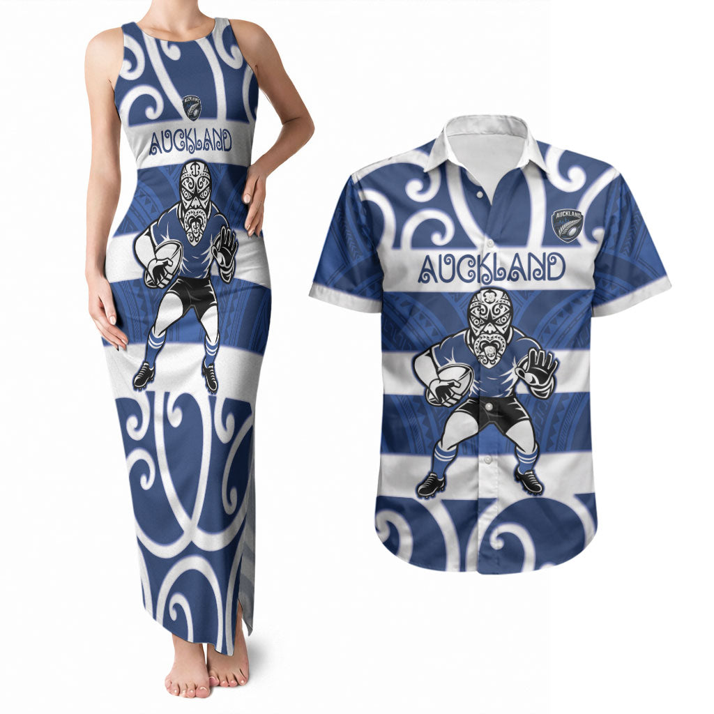 Auckland Custom Rugby New Zealand Couples Matching Tank Maxi Dress and Hawaiian Shirt Aotearoa Maori Pukana Tiki Mascot
