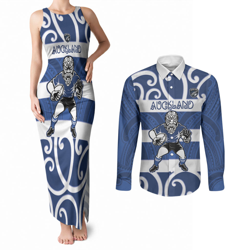 Auckland Custom Rugby New Zealand Couples Matching Tank Maxi Dress and Long Sleeve Button Shirt Aotearoa Maori Pukana Tiki Mascot