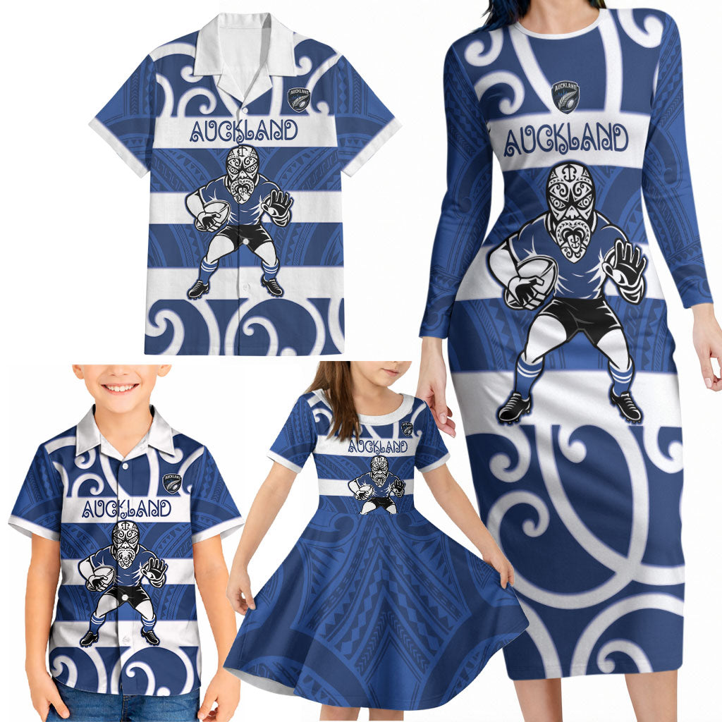 Auckland Custom Rugby New Zealand Family Matching Long Sleeve Bodycon Dress and Hawaiian Shirt Aotearoa Maori Pukana Tiki Mascot