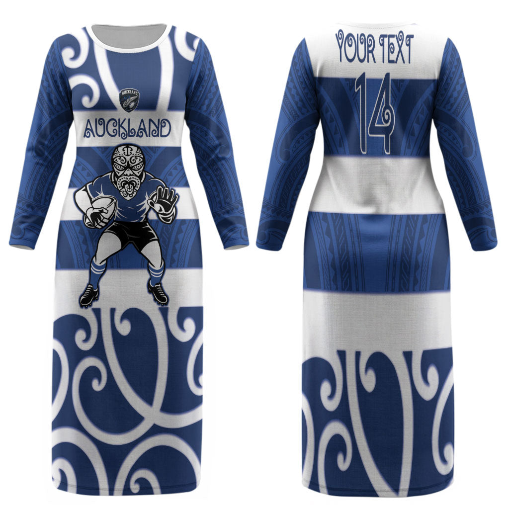 Auckland Custom Rugby New Zealand Family Matching Long Sleeve Bodycon Dress and Hawaiian Shirt Aotearoa Maori Pukana Tiki Mascot