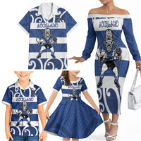 Auckland Custom Rugby New Zealand Family Matching Off The Shoulder Long Sleeve Dress and Hawaiian Shirt Aotearoa Maori Pukana Tiki Mascot