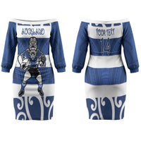 Auckland Custom Rugby New Zealand Family Matching Off The Shoulder Long Sleeve Dress and Hawaiian Shirt Aotearoa Maori Pukana Tiki Mascot