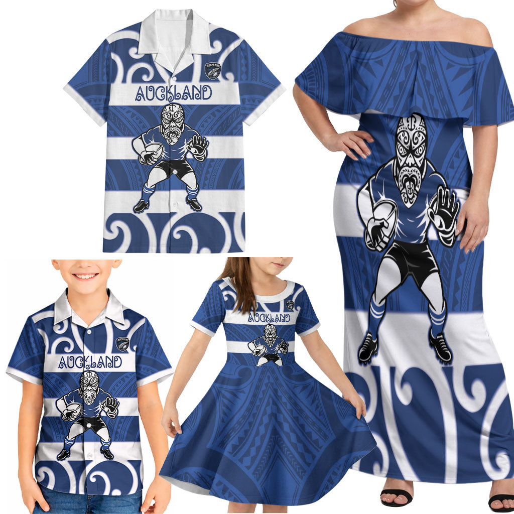 Auckland Custom Rugby New Zealand Family Matching Off Shoulder Maxi Dress and Hawaiian Shirt Aotearoa Maori Pukana Tiki Mascot