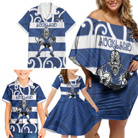 Auckland Custom Rugby New Zealand Family Matching Off Shoulder Short Dress and Hawaiian Shirt Aotearoa Maori Pukana Tiki Mascot