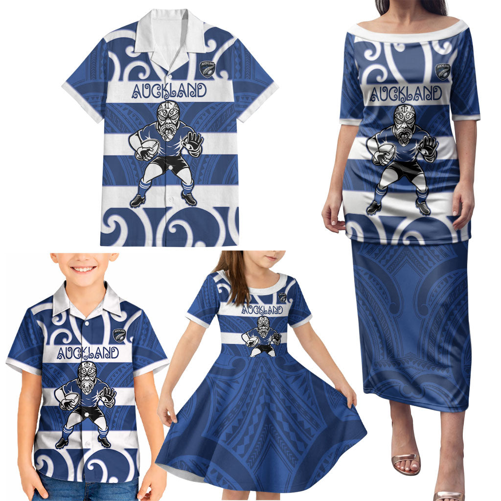 Auckland Custom Rugby New Zealand Family Matching Puletasi and Hawaiian Shirt Aotearoa Maori Pukana Tiki Mascot