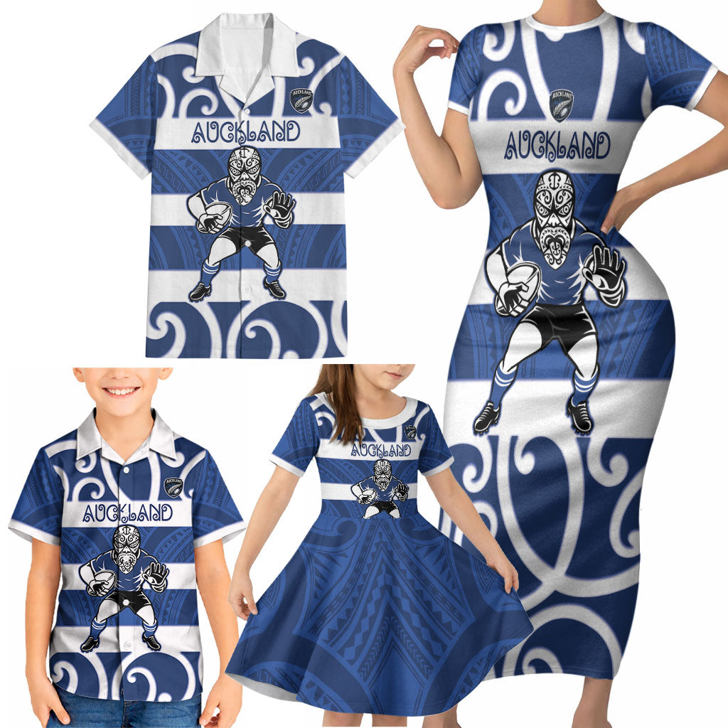 Auckland Custom Rugby New Zealand Family Matching Short Sleeve Bodycon Dress and Hawaiian Shirt Aotearoa Maori Pukana Tiki Mascot
