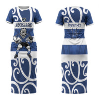Auckland Custom Rugby New Zealand Family Matching Short Sleeve Bodycon Dress and Hawaiian Shirt Aotearoa Maori Pukana Tiki Mascot