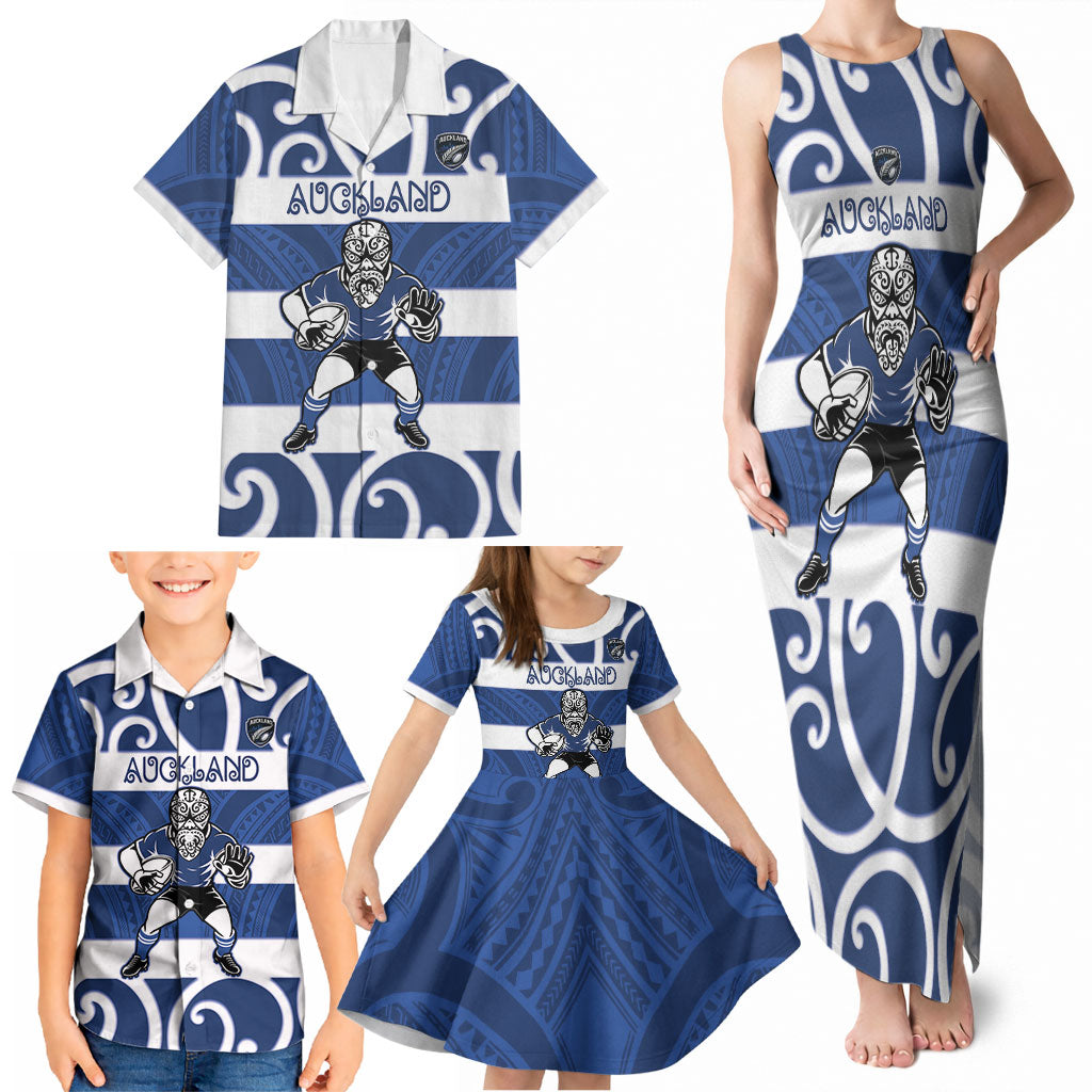 Auckland Custom Rugby New Zealand Family Matching Tank Maxi Dress and Hawaiian Shirt Aotearoa Maori Pukana Tiki Mascot