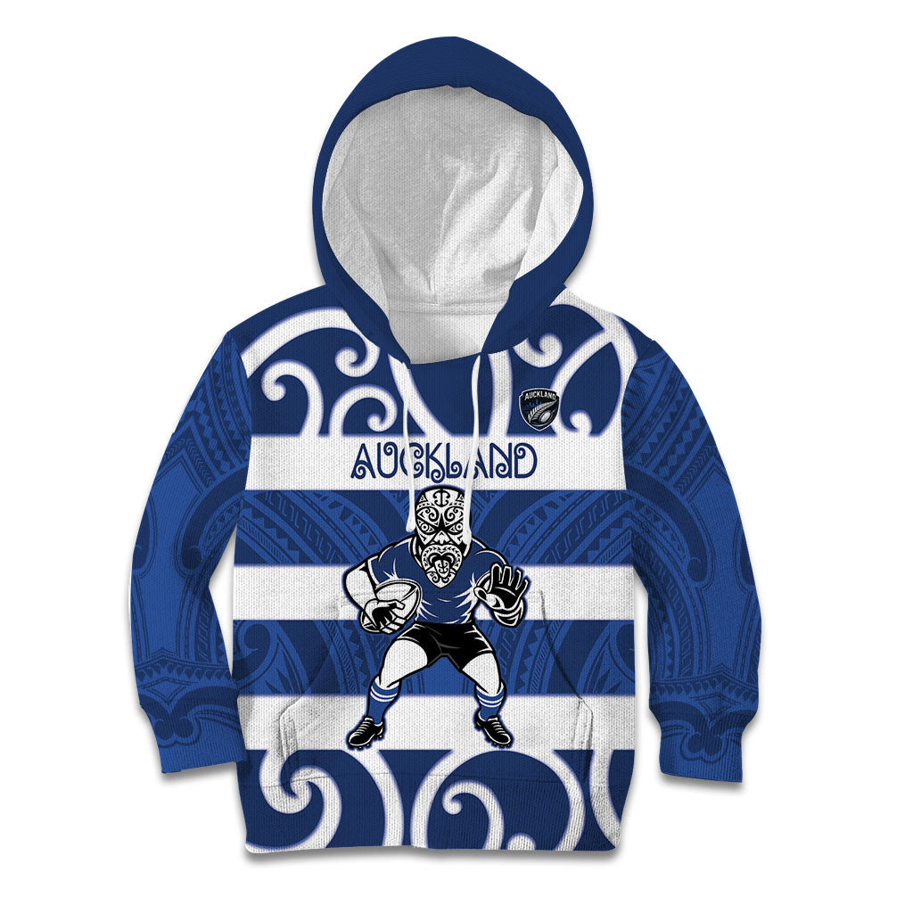 Auckland Custom Rugby New Zealand Kid Hoodie Aotearoa Maori Pukana Tiki Mascot