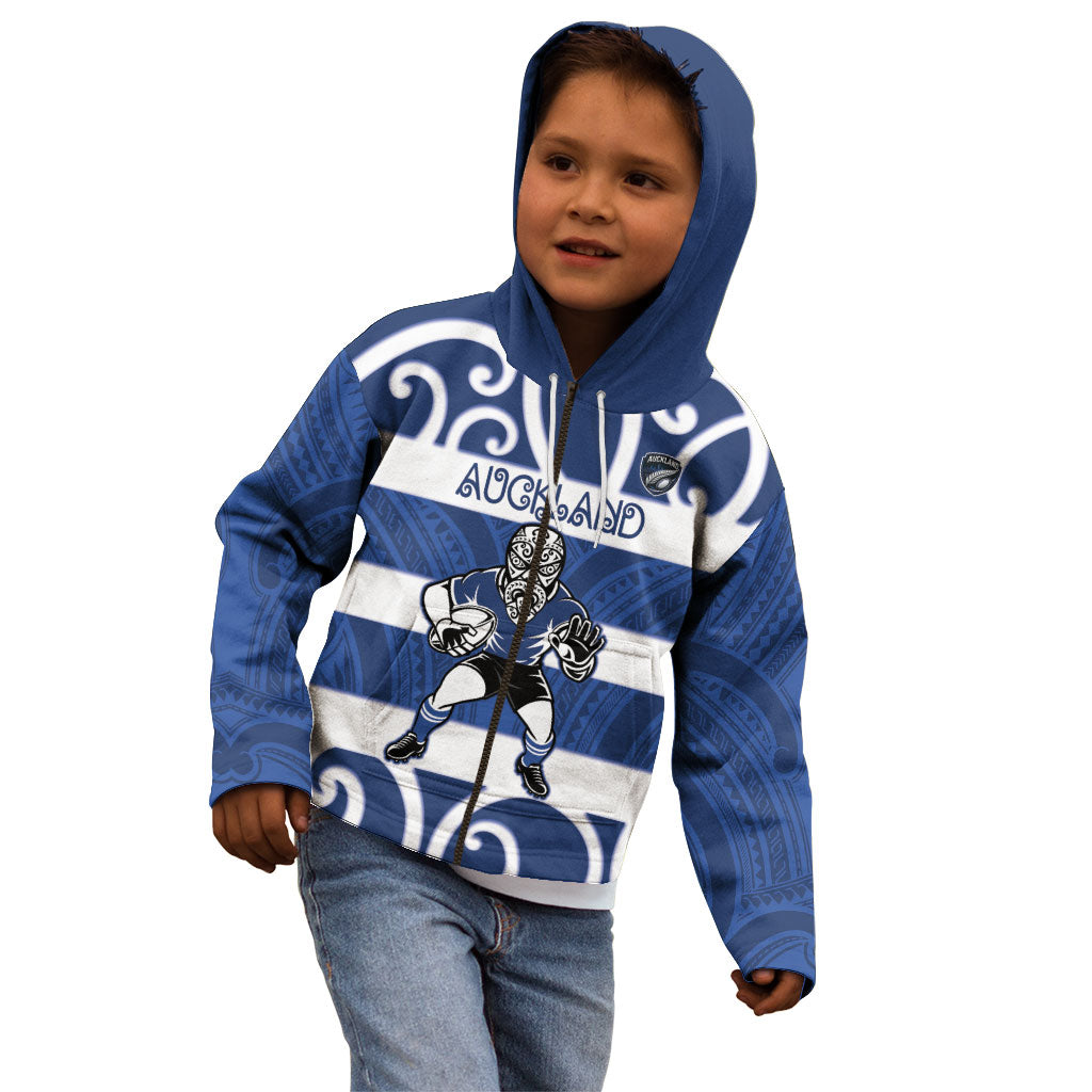 Auckland Custom Rugby New Zealand Kid Hoodie Aotearoa Maori Pukana Tiki Mascot
