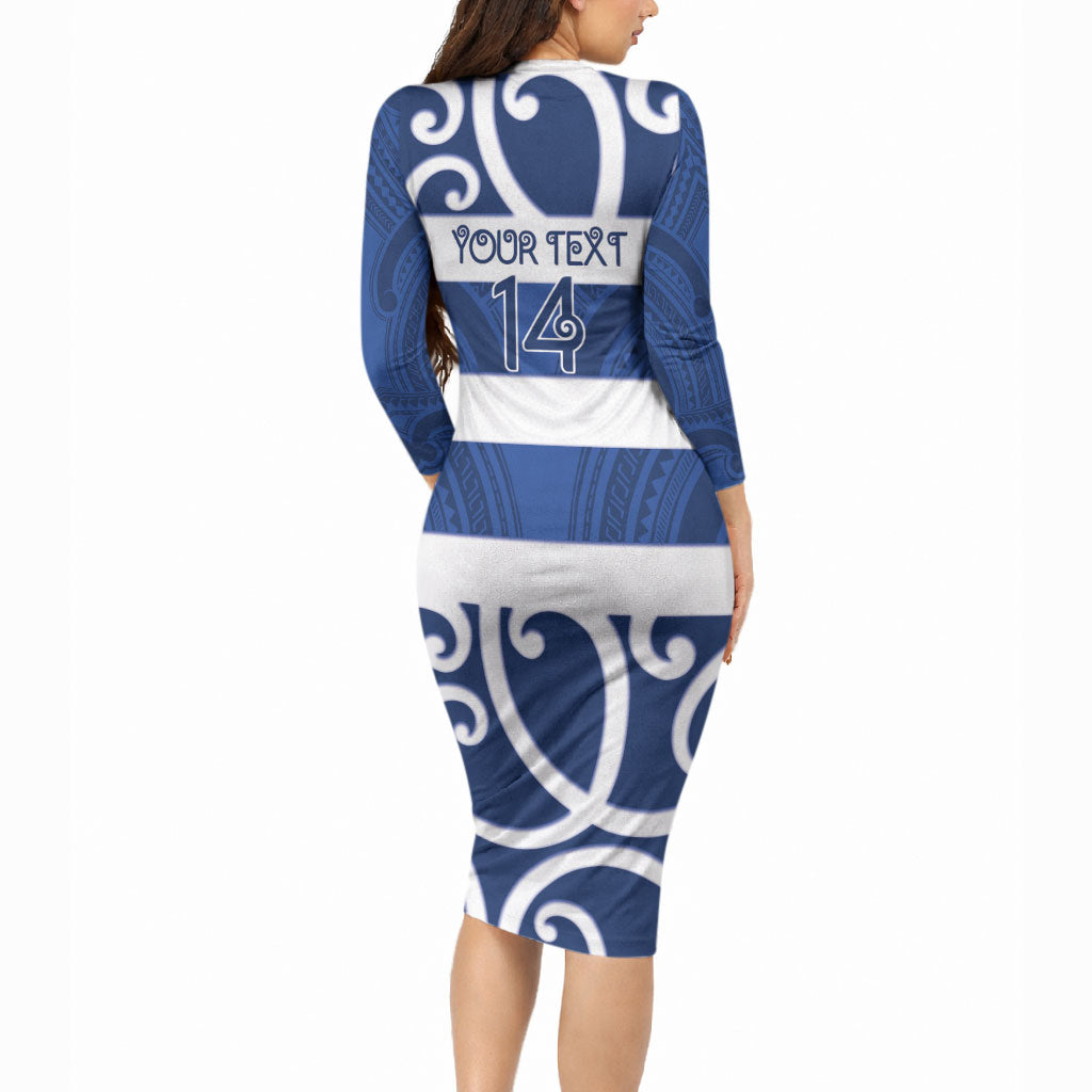 Auckland Custom Rugby New Zealand Long Sleeve Bodycon Dress Aotearoa Maori Pukana Tiki Mascot