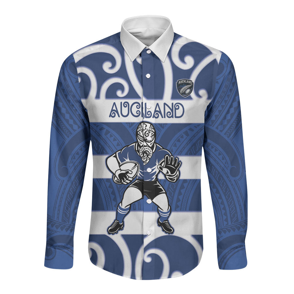 Auckland Custom Rugby New Zealand Long Sleeve Button Shirt Aotearoa Maori Pukana Tiki Mascot