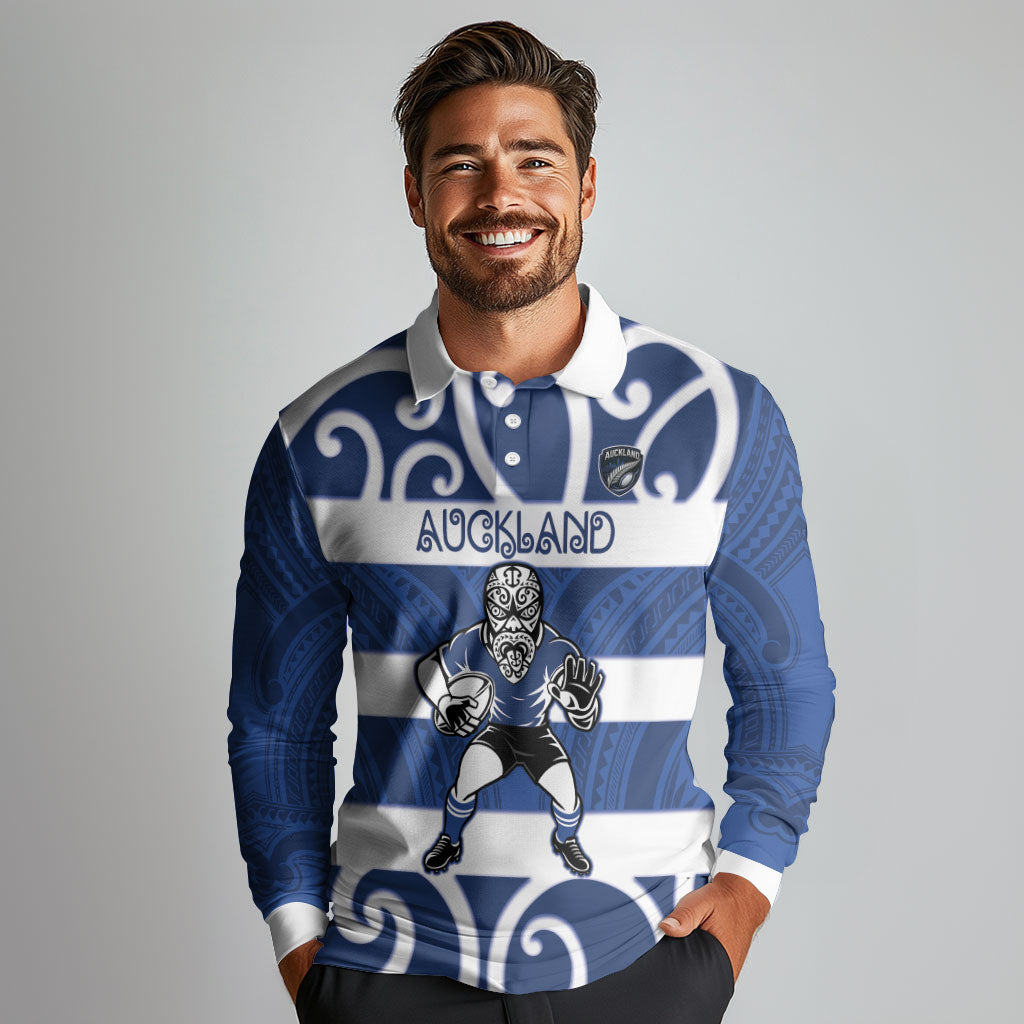 Auckland Custom Rugby New Zealand Long Sleeve Polo Shirt Aotearoa Maori Pukana Tiki Mascot