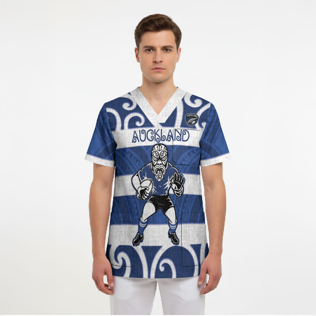 Auckland Custom Rugby New Zealand Scrub Top Aotearoa Maori Pukana Tiki Mascot
