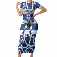 Auckland Custom Rugby New Zealand Short Sleeve Bodycon Dress Aotearoa Maori Pukana Tiki Mascot