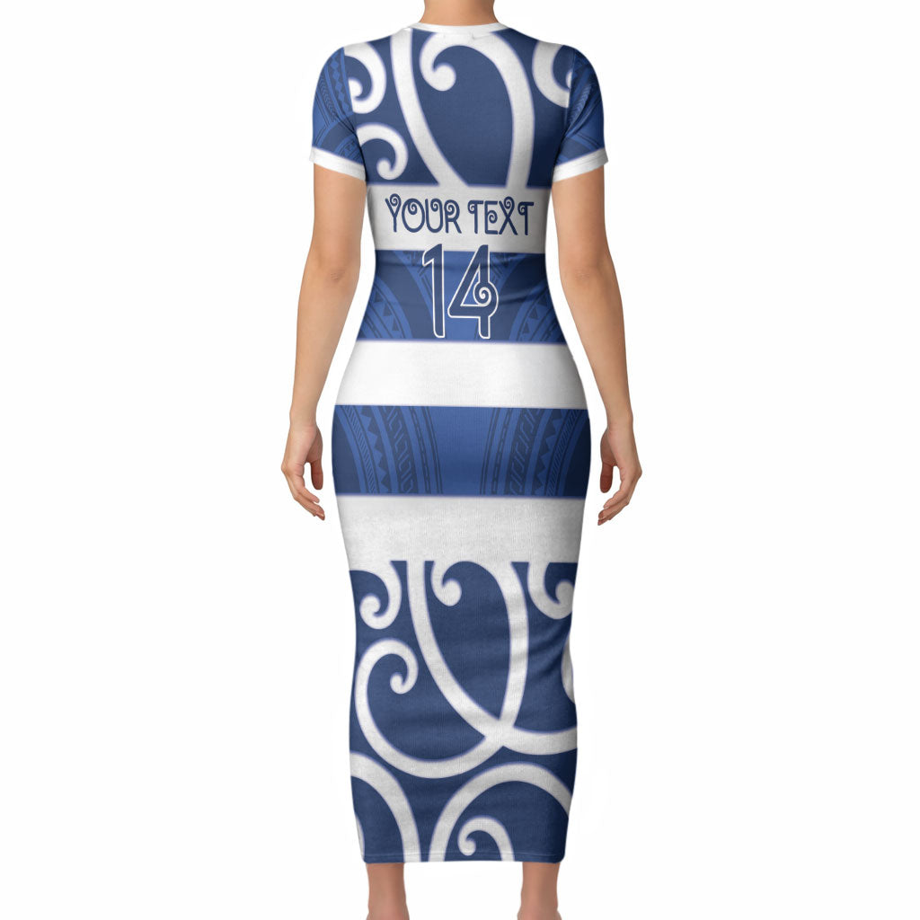 Auckland Custom Rugby New Zealand Short Sleeve Bodycon Dress Aotearoa Maori Pukana Tiki Mascot