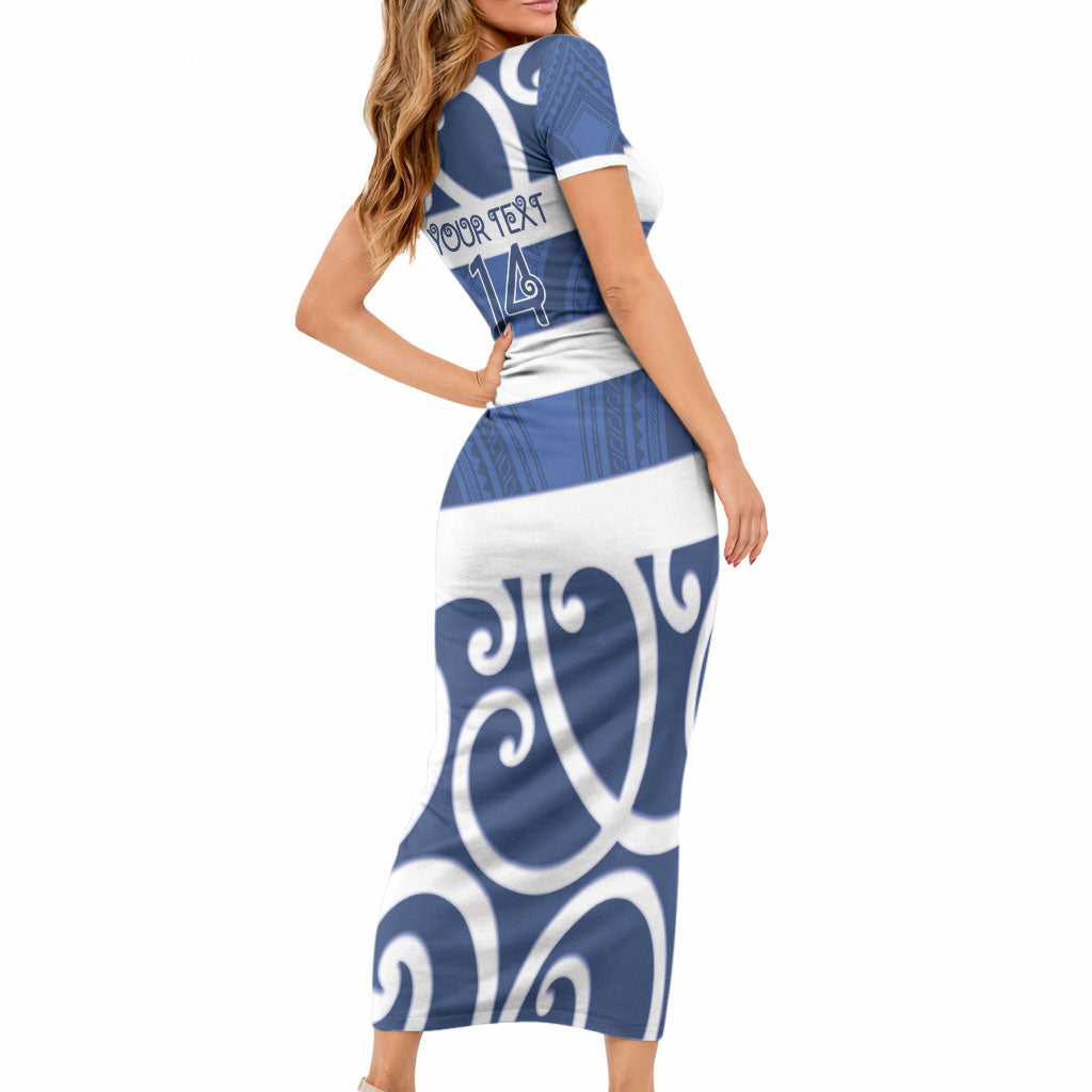 Auckland Custom Rugby New Zealand Short Sleeve Bodycon Dress Aotearoa Maori Pukana Tiki Mascot