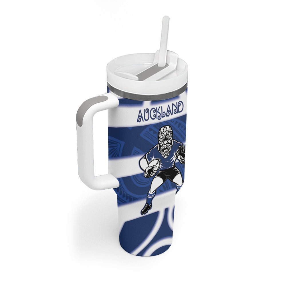 Auckland Custom Rugby New Zealand Tumbler With Handle Aotearoa Maori Pukana Tiki Mascot